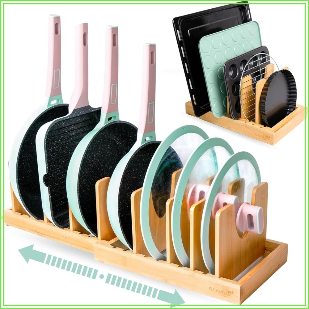 Kitchen Cabinet Baking Sheet Organizer - Expandable Bamboo Pots and Pans Organizer