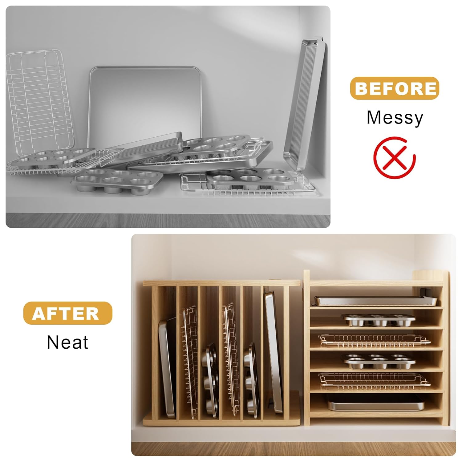 7 Tier Wooden Tray Dividers Ca - огляд і ціна Kitchen Cabinet Baking Sheet Organizer